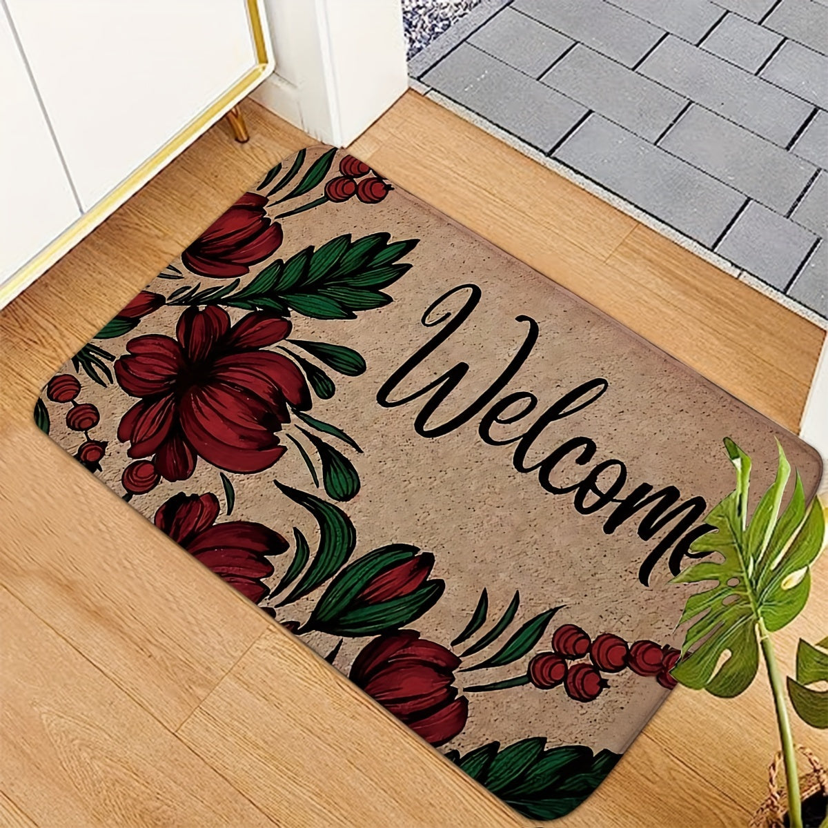 Red Flower Welcome Door Mat, Indoor Outdoor, Non-Slip, Medium Pile