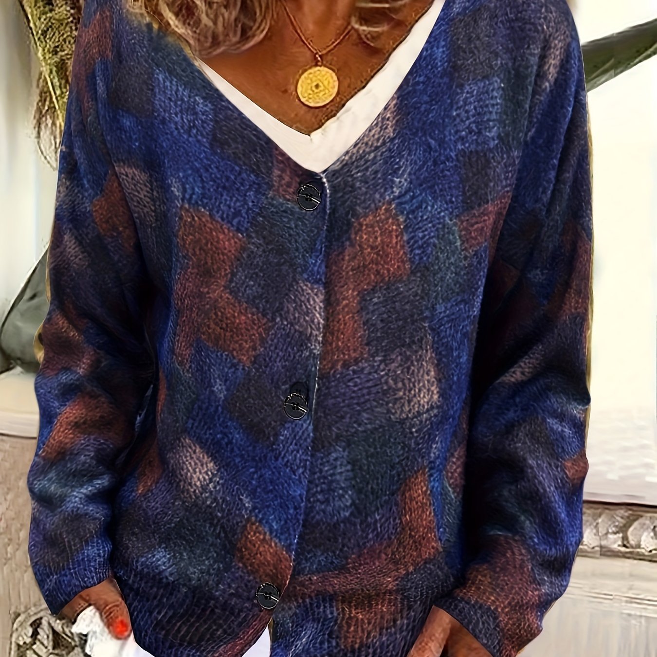 Women's Floral Print V-Neck Button Cardigan Sweater Loose Fit Open Front