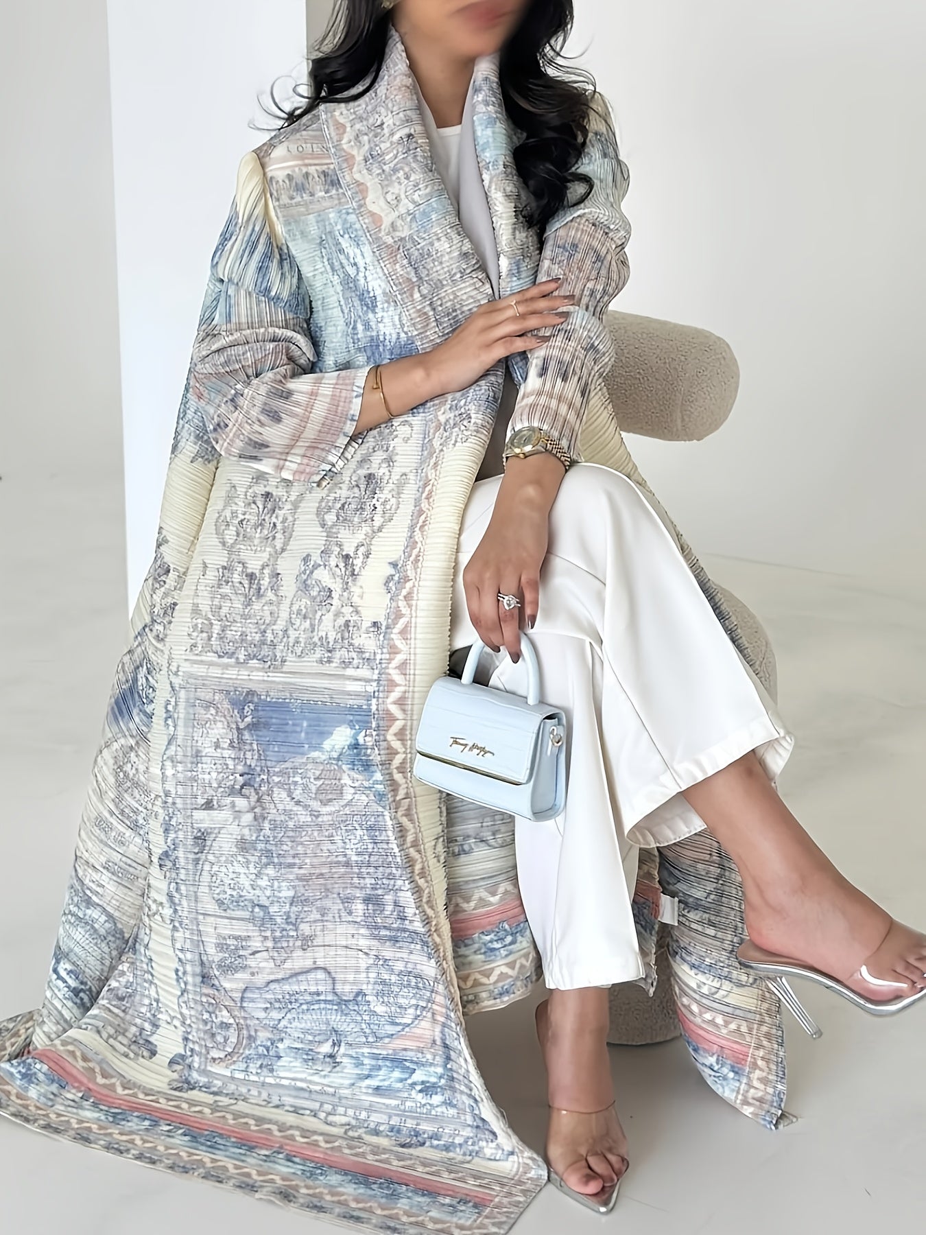 Plus Size Vintage Map Print Robe Dress Open Cardigan Long Skirt Light Luxury Elegant Outfit