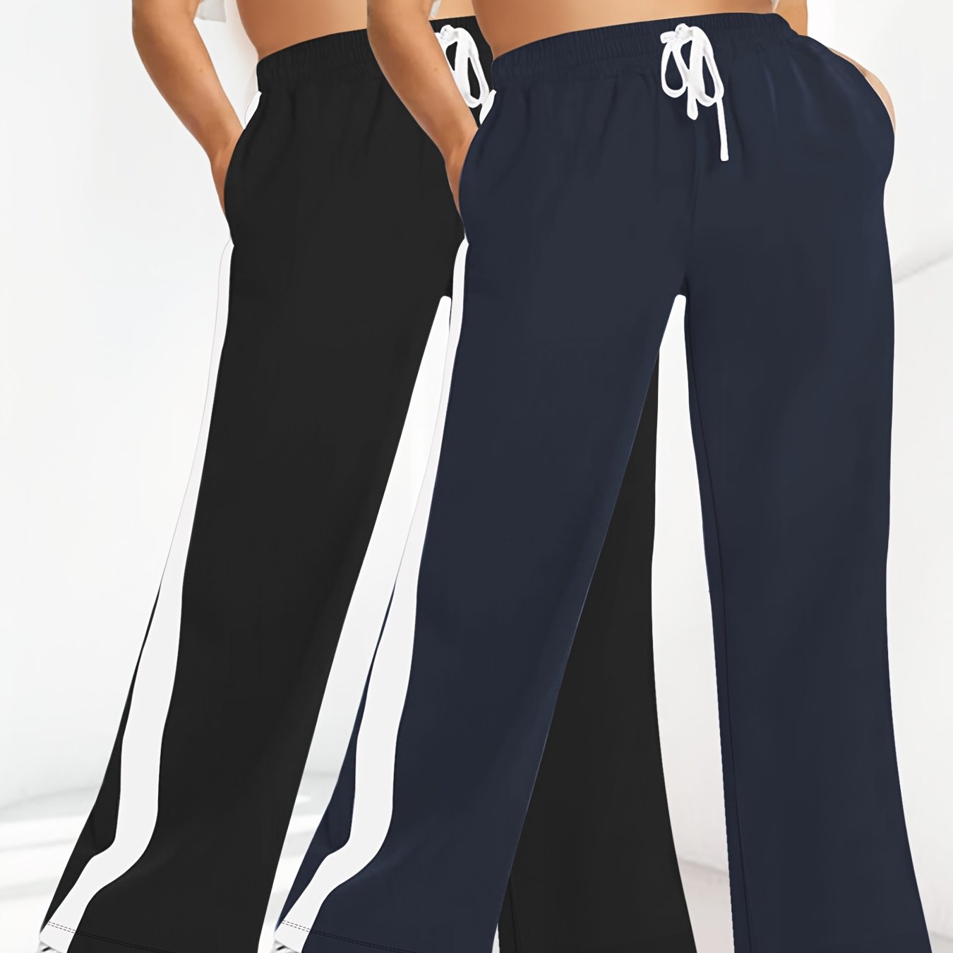 Women Wide Leg Pants Black and White Striped High-Waisted Drawstring