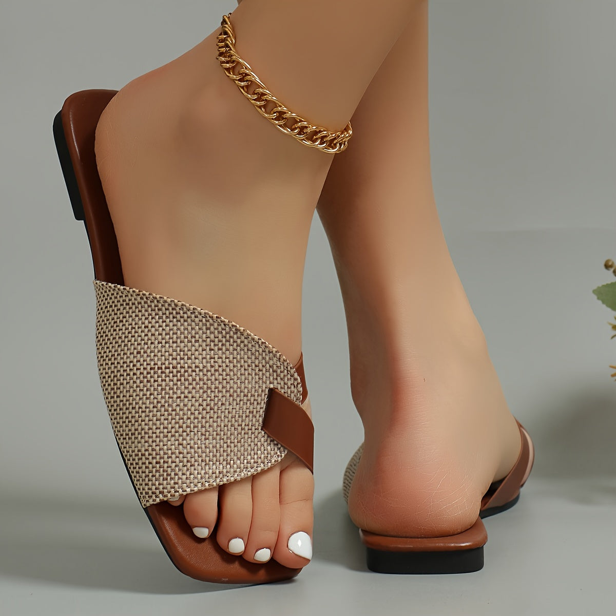 Women's Retro Flat Sandals Faux Leather Casual Slip-On Square Toe