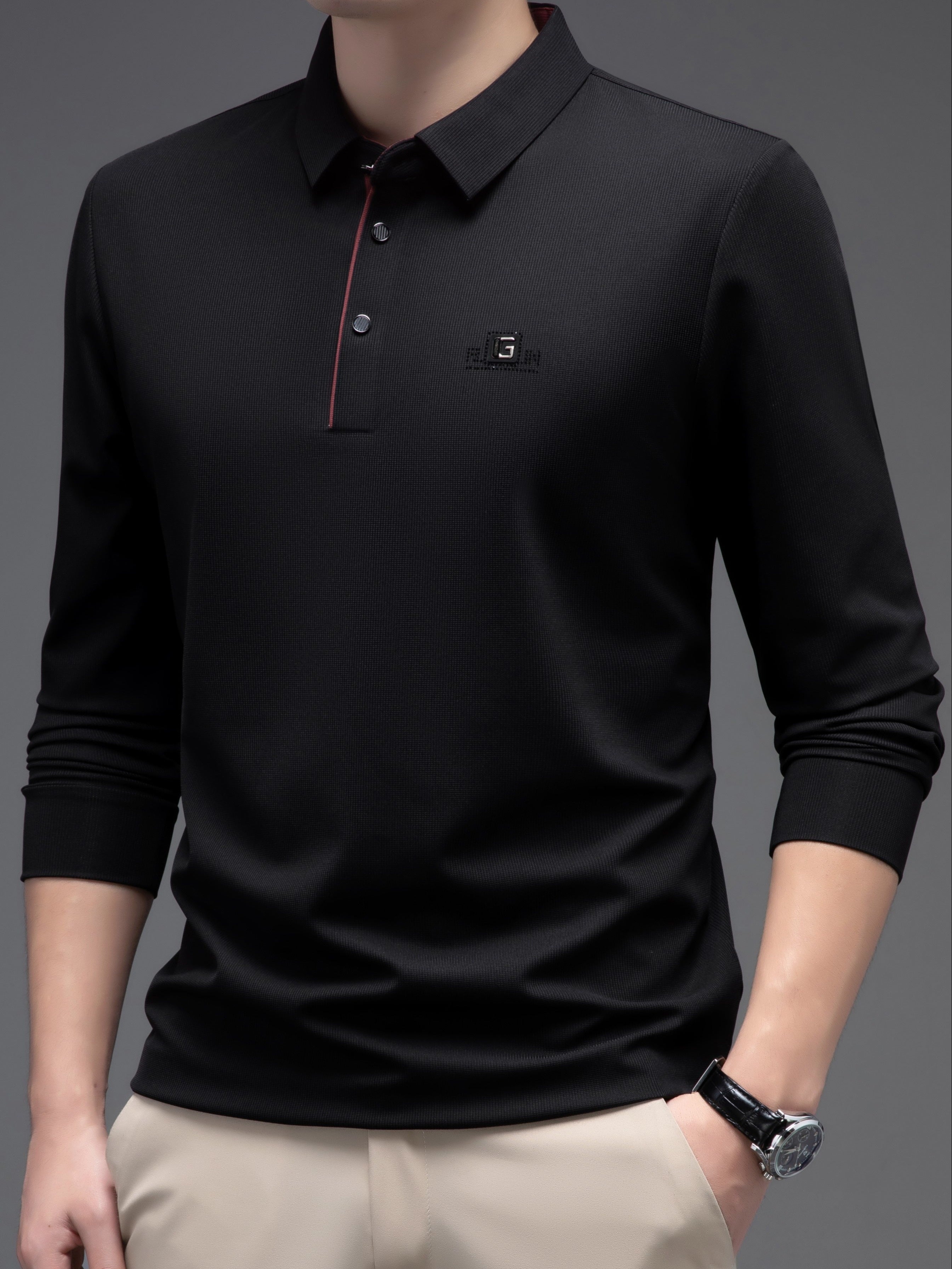 Camisa de manga larga de color sólido para hombre con botones, cuello de solapa y detalles con logotipo
