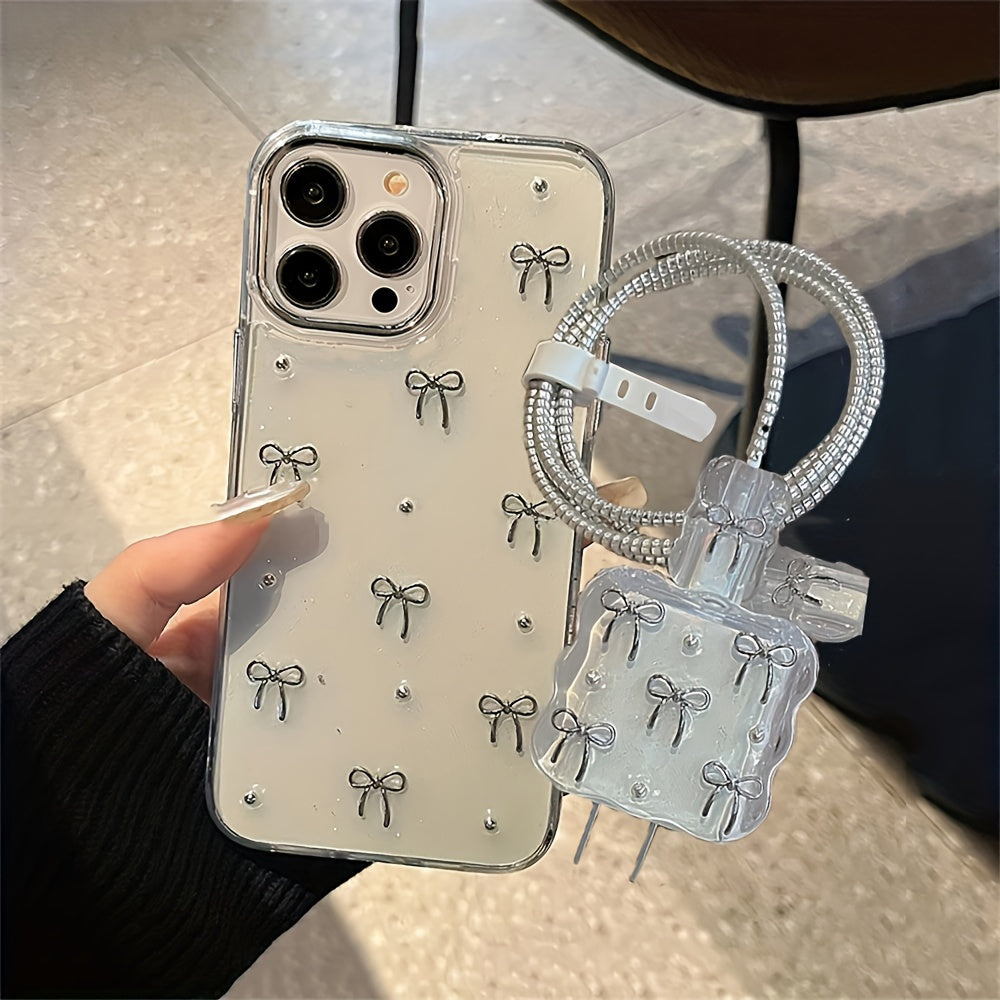 Luxury Bowknot Epoxy Phone Case and Charger Cover for iPhone 11-16 Pro Max Soft Back