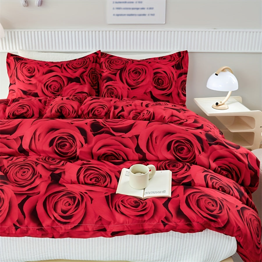 Set of 3 Red Rose Print Duvet Covers Bedding Set with Pillowcases for All Seasons