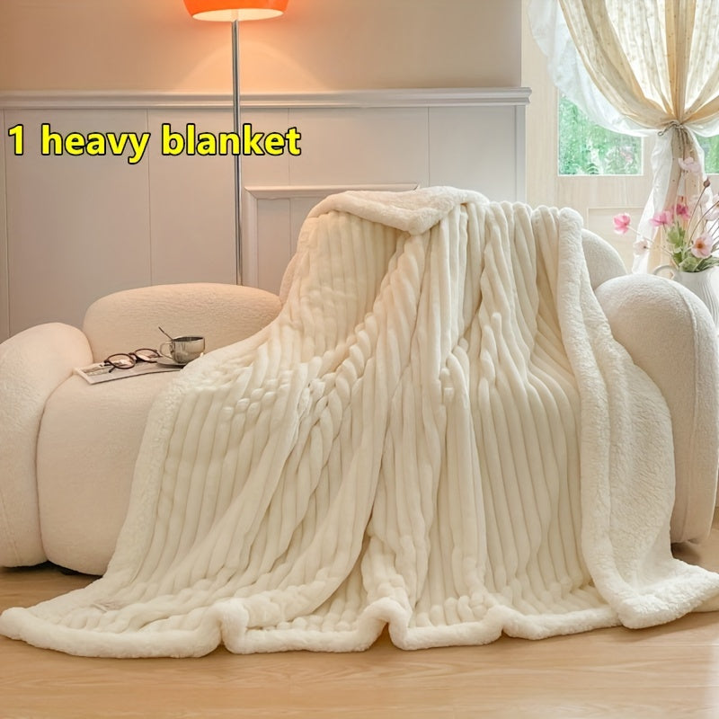 Double-Layered Polyester Flannel Throw Blanket with Stripes for All-Season Comfort