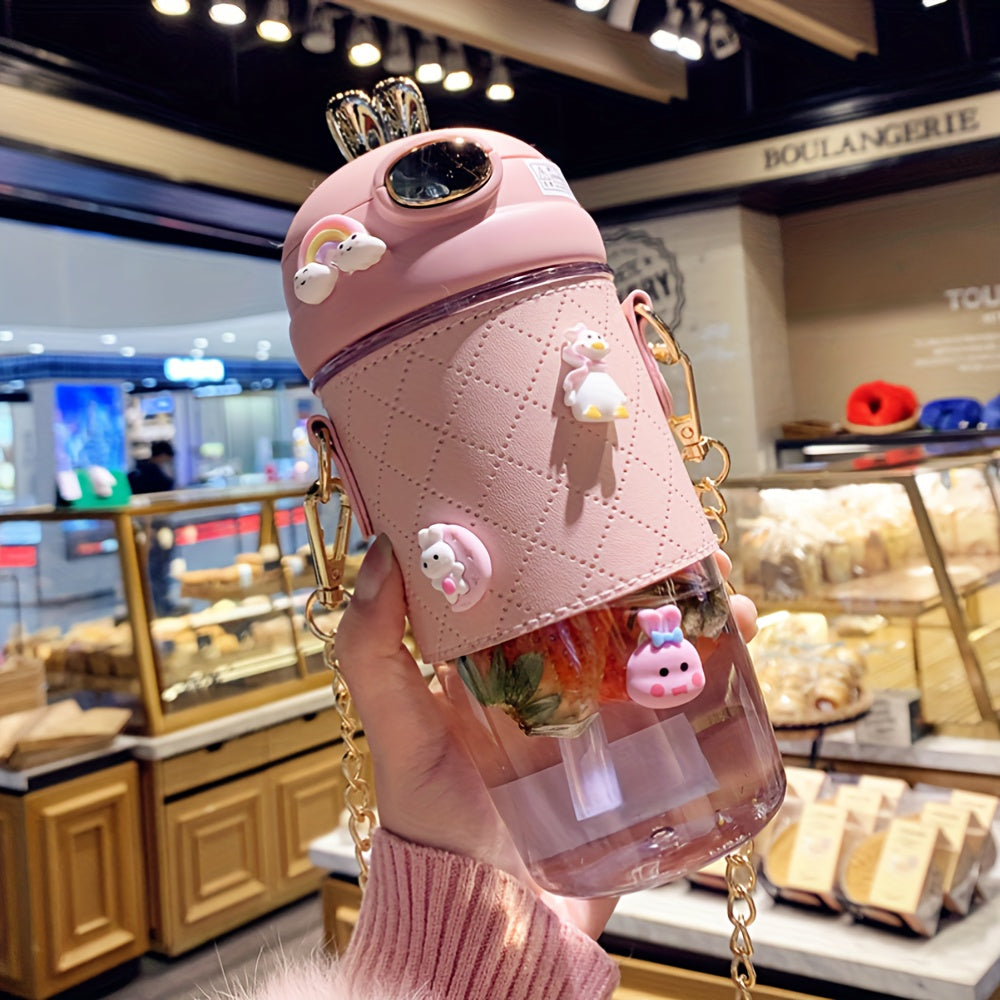 Girl Water Bottle with Straw Drop-Proof Plastic Portable High-Temperature Resistant Includes 4 3D Stickers