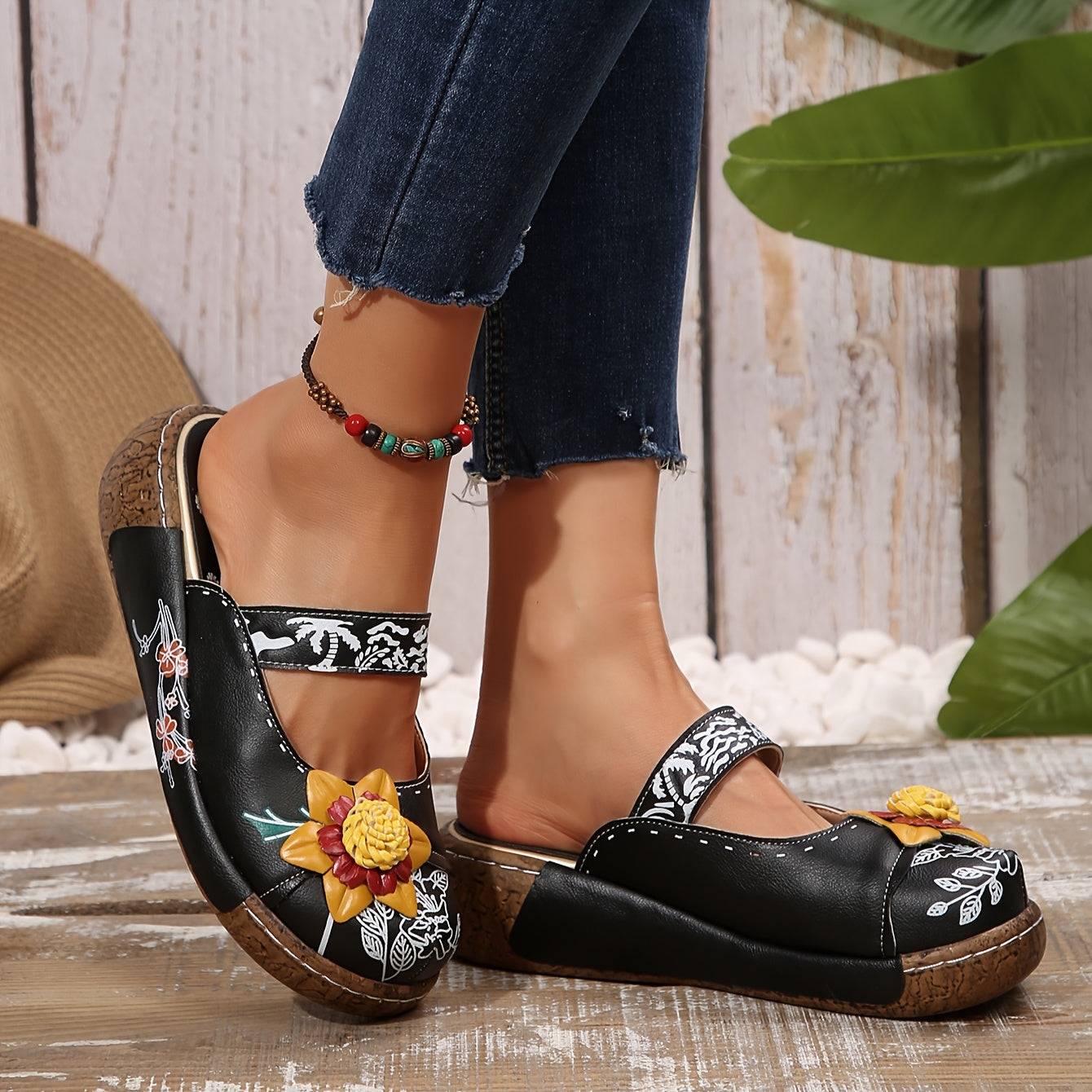 Women's Floral Wedge Shoes Lightweight Closed-Toe Slip-Ons for Spring