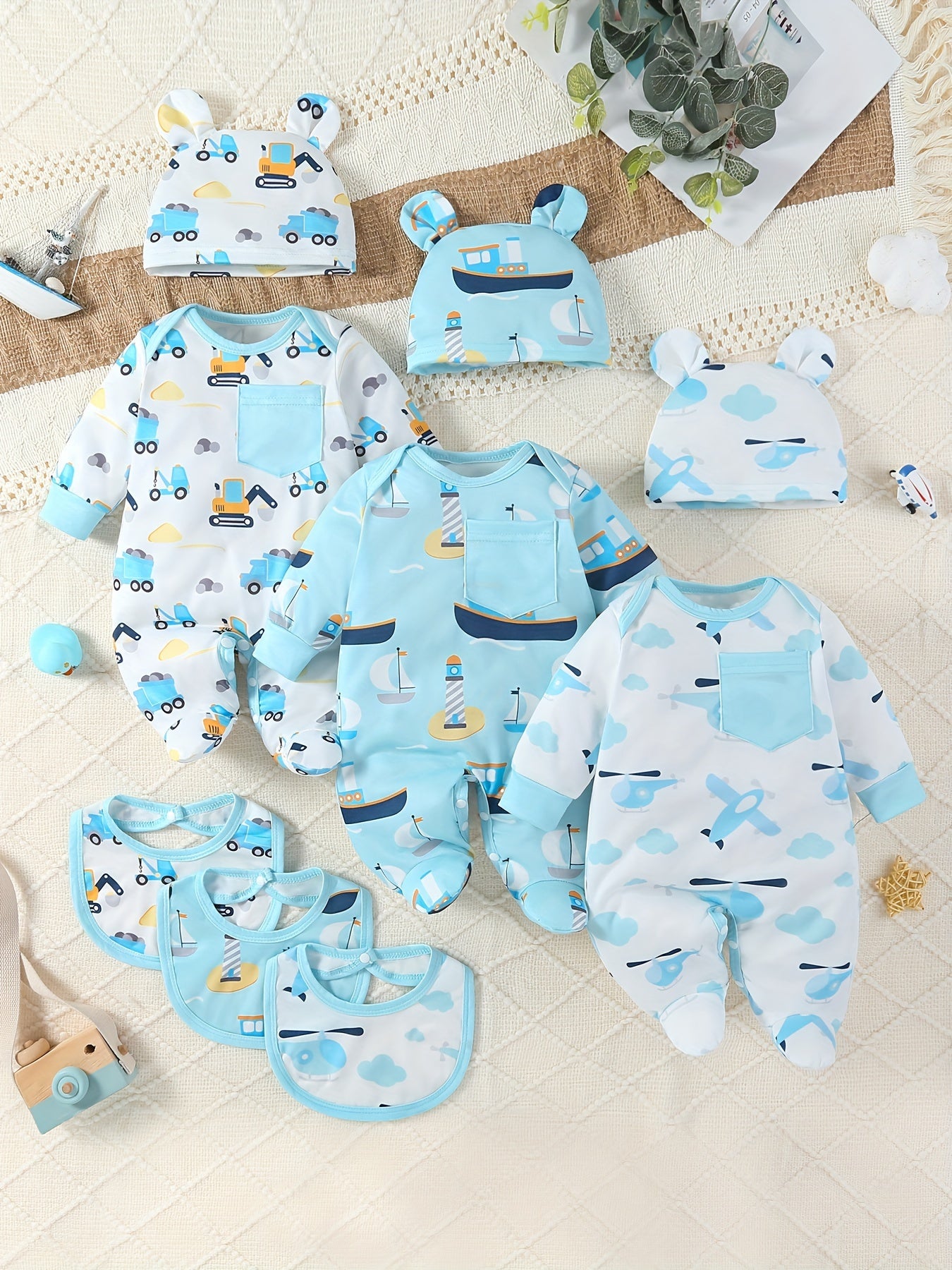 Conjunto de bodies para recién nacido de 9 piezas, de manga larga, con envoltura, con estampados de dibujos animados, gorro de conejo y toalla para babeo