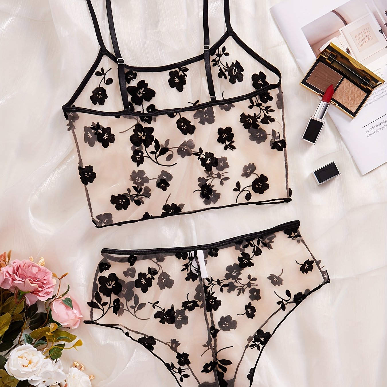 Women's Black Mesh Garter Bra Set with Pure Desire Print