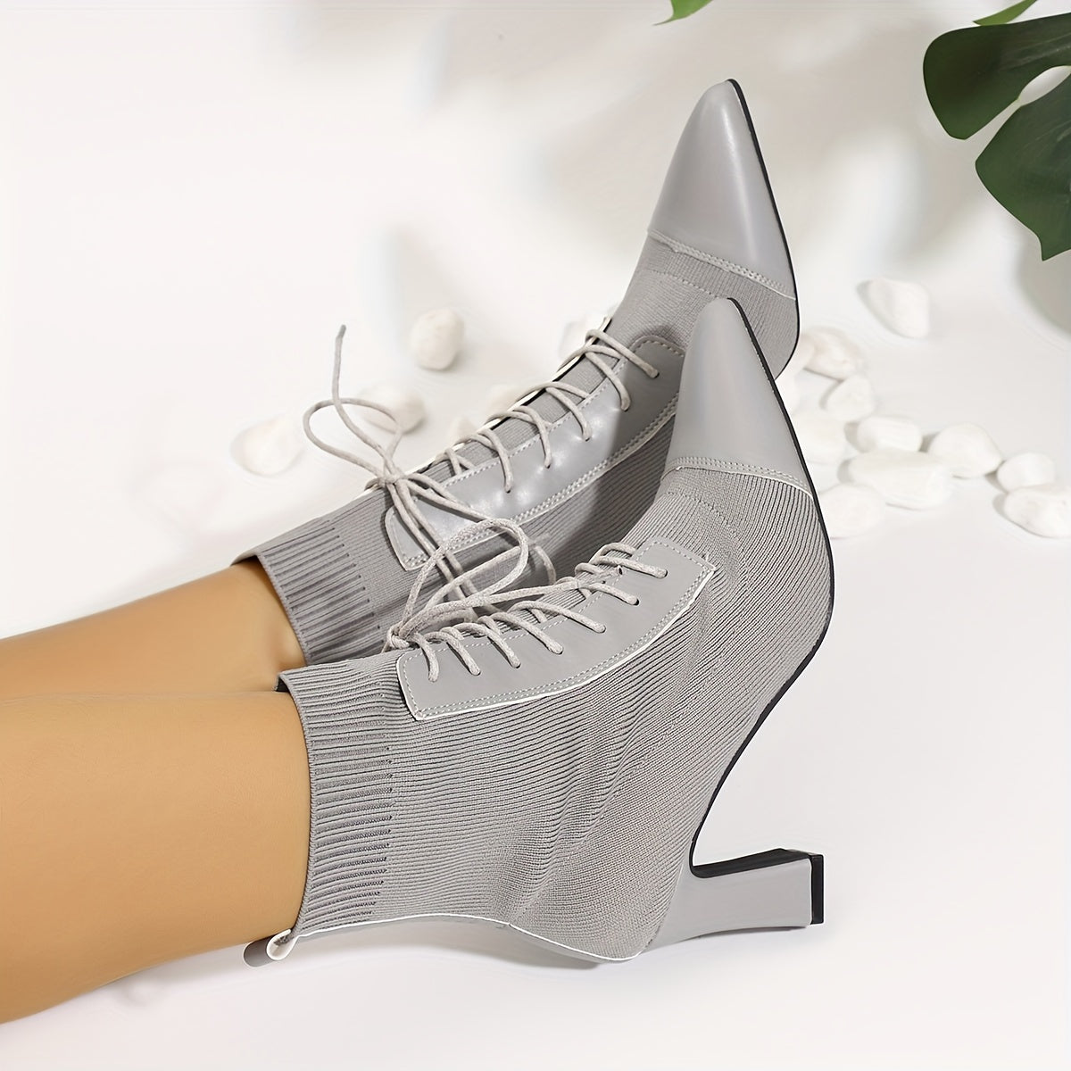 Women's Grey Ankle Boots with Pointed Toes and Chunky Heels
