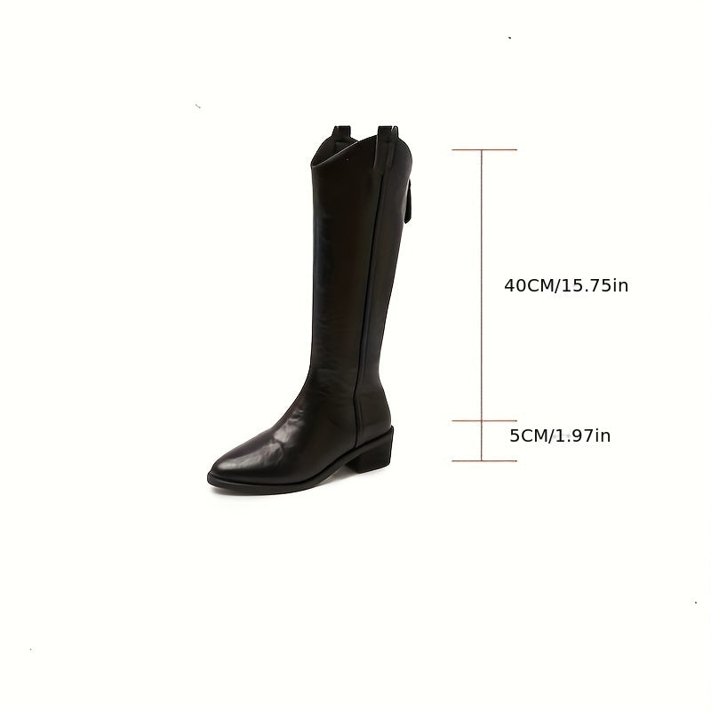 Women's Knee-High Faux Leather Cowboy Boots with Pointed Toe and Rubber Sole