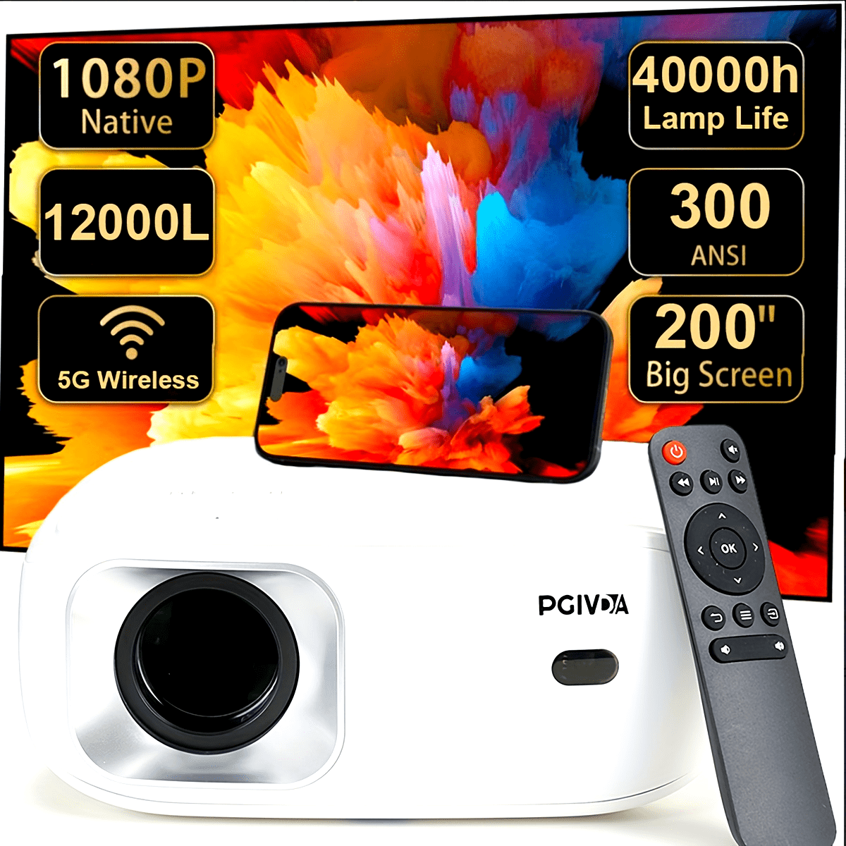 1080P HD Portable Projector with 4K Support and 3000 Lumens for Home and Outdoor Movies