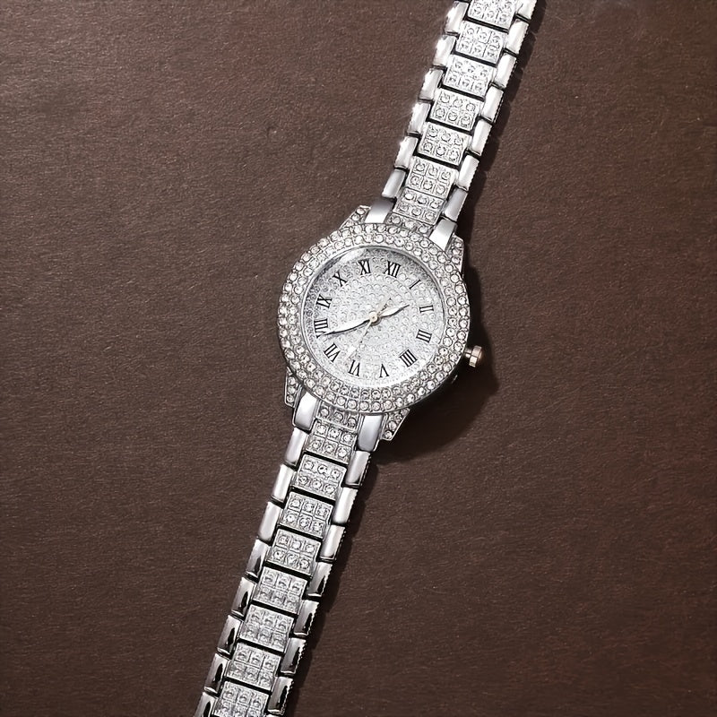 Women's Quartz Watch Set with Rhinestones Stainless Steel Band and Bracelet Gift for Valentine's Easter