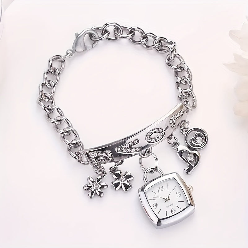 Women's Casual Tonneau Dress Watch with Love Alphabet and Flower Decor Alloy Quartz