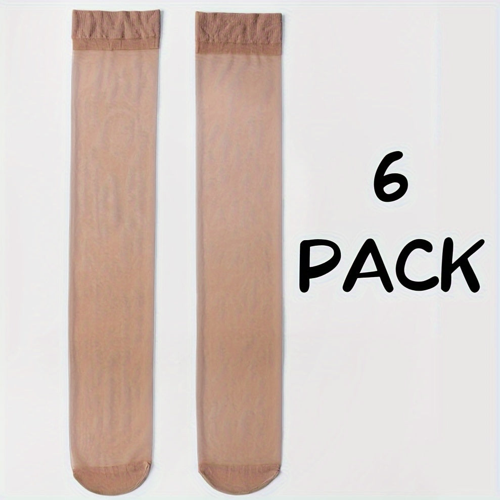 Plus Size Sheer Knee High Socks for Women 6 Pairs Nylon Ribbed Stockings in Black Light Brown Dark Brown