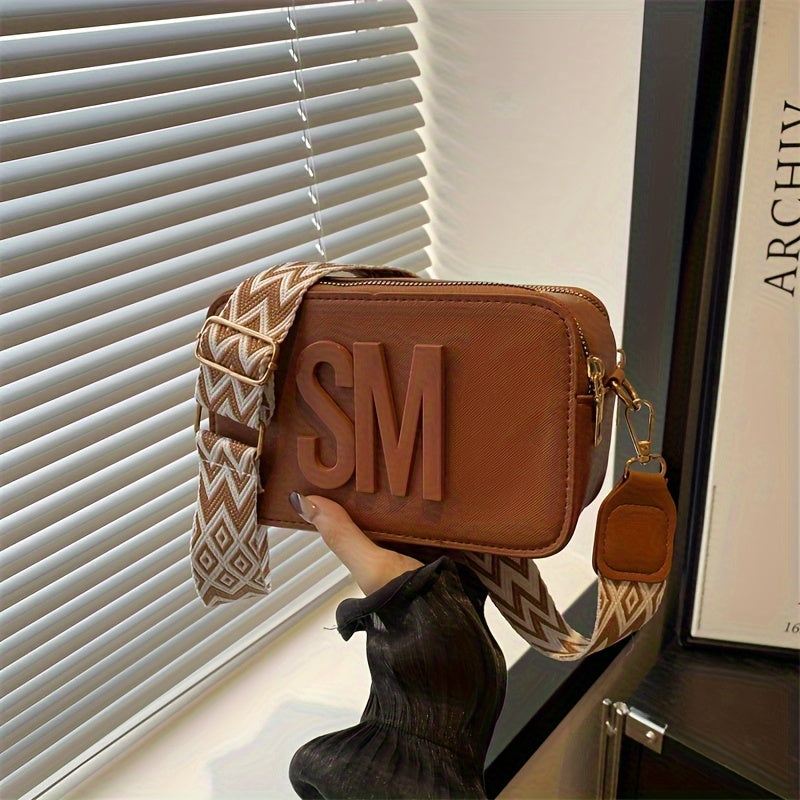 PU Crossbody Bag with Adjustable Wide Strap Zigzag Pattern in White Black Pink Light Brown