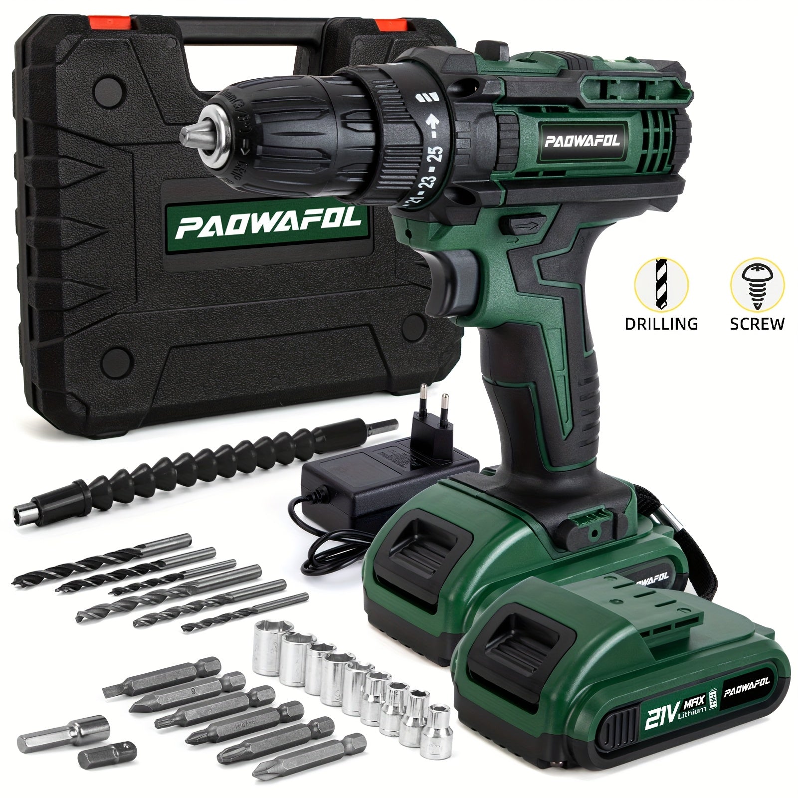 21V Cordless Drill with Rechargeable Lithium-Ion Battery 2-Speed 25+1 Torque LED Light for DIY Home Garden