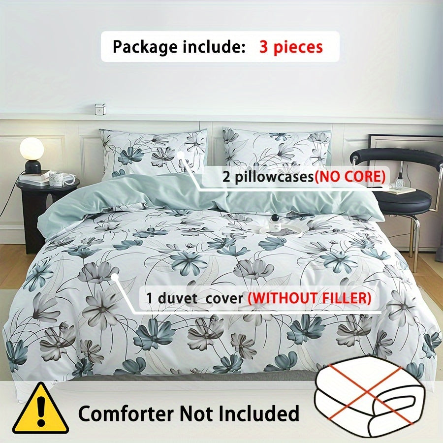 Flower Print Duvet Cover Set with Pillowcases Soft Cotton Bedding 3 Pieces