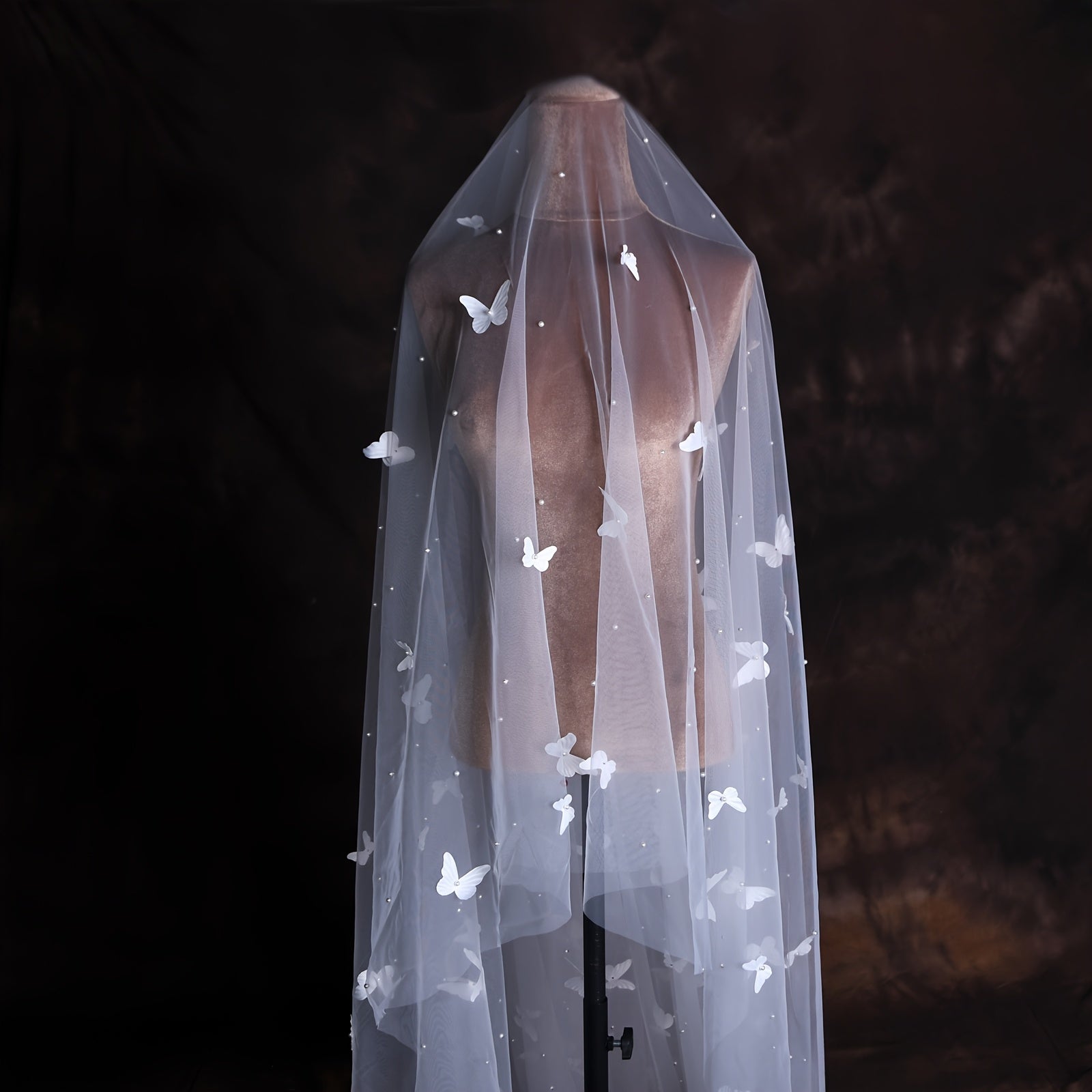 Wedding Veil Beaded Butterfly Cathedral Length Nylon Bridal Accessory