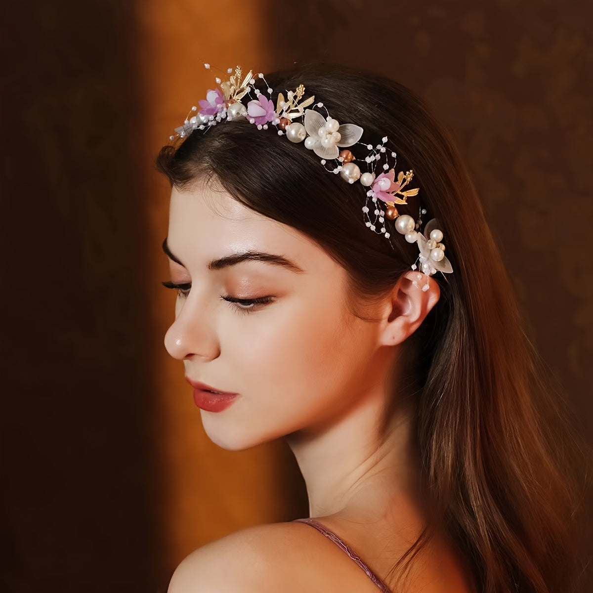 Romantic Bridal Headpiece with Faux Pearls Floral Wreath Ribbon Tie