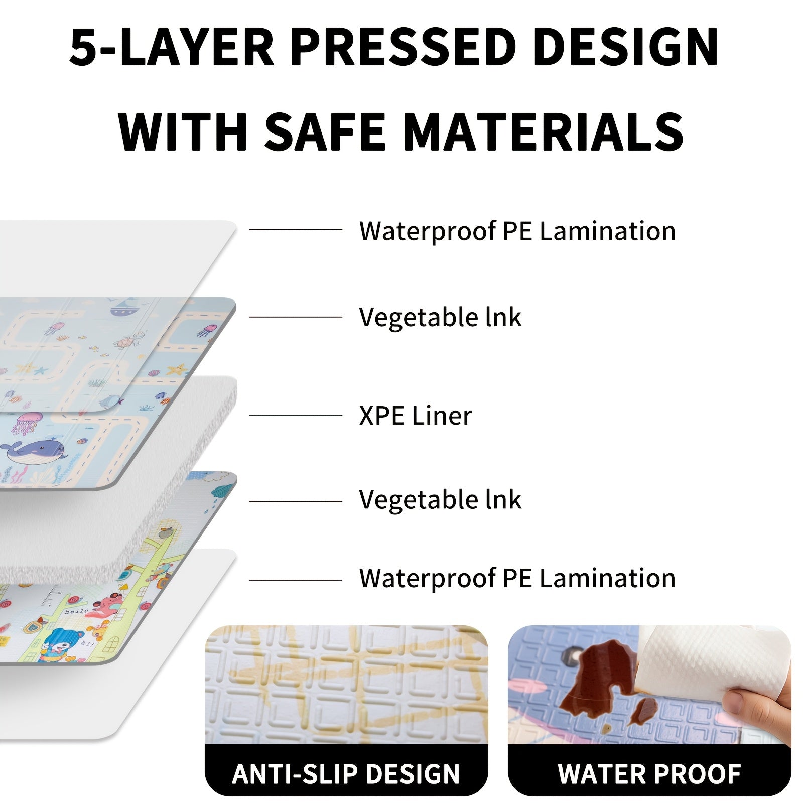 Waterproof Play Mat for Crawling and Walking Blue Cartoon Animal Design Non-Slip Foldable Nursery Floor Mat