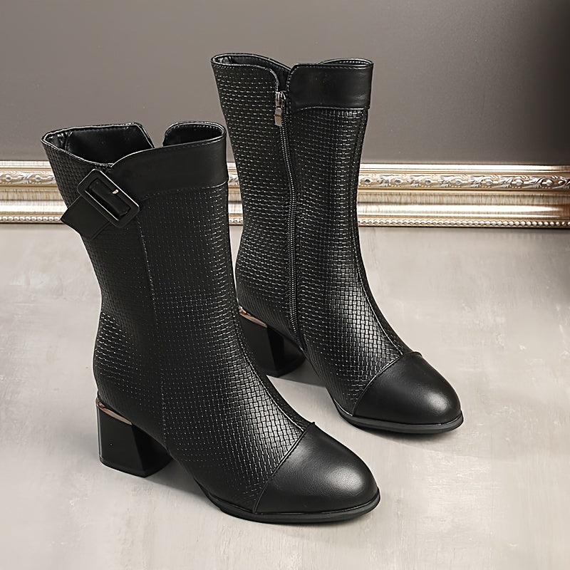 Women's Fleece-Lined Winter Mid-Calf Boots Slip-Resistant Hex Pattern Black