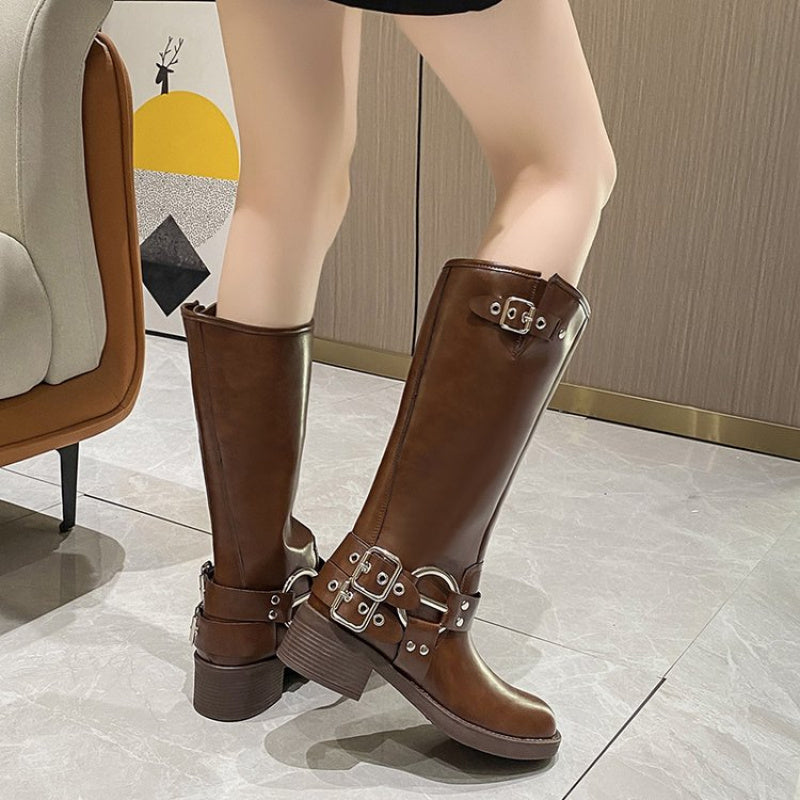 Women's Faux Cover Knee-High Chunky Heel Winter Boots Non-Slip Black