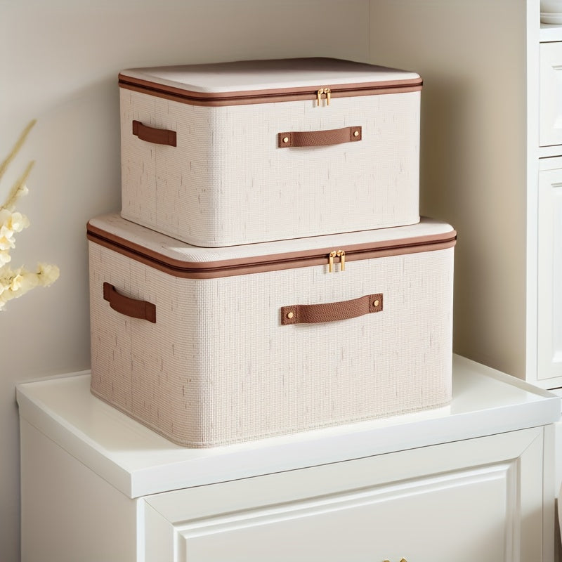 Champagne Fabric Storage Box with Lid Zipper Organizer for Clothes and Blankets Under Bed Dustproof Portable