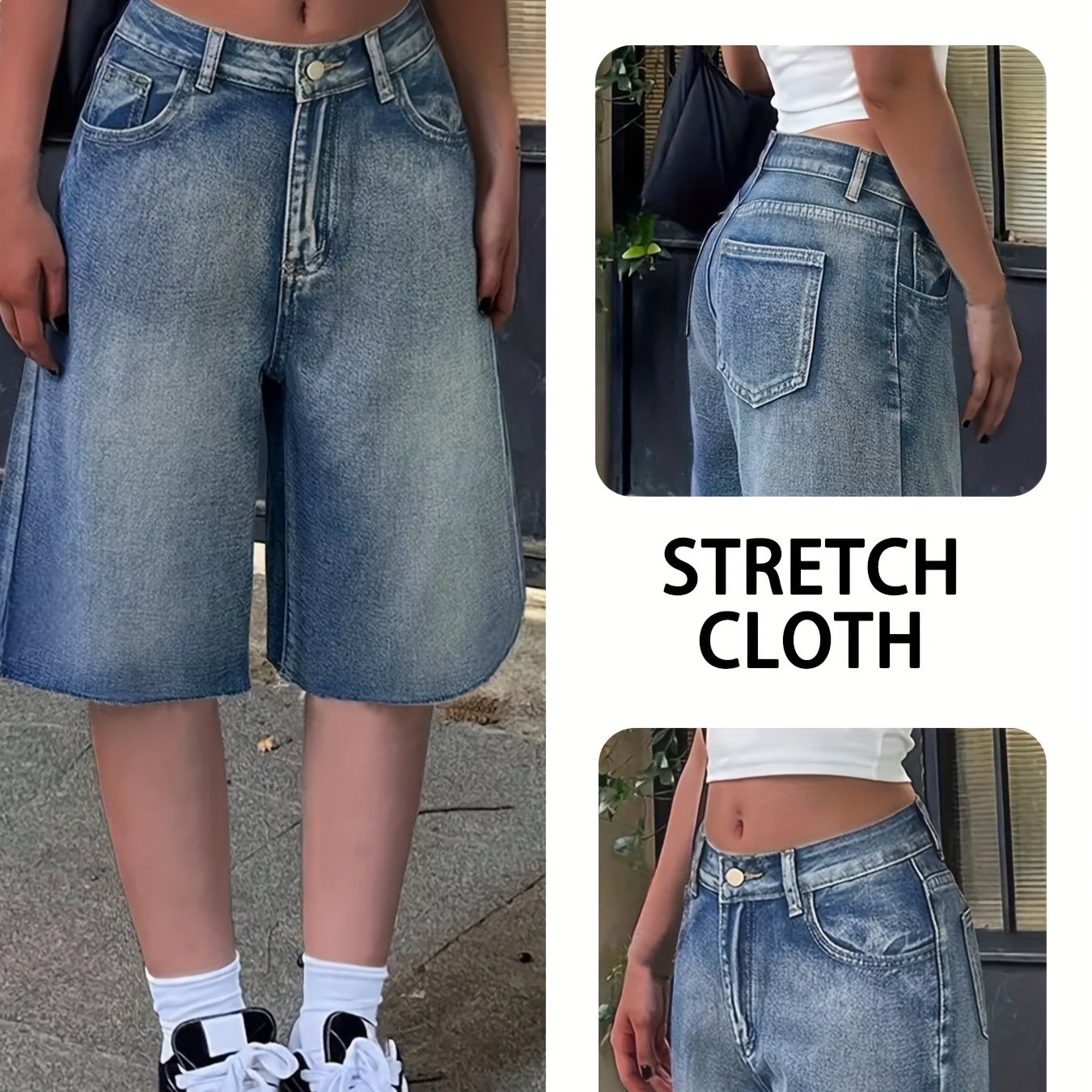 Plus Size Women's Denim Shorts Water-Washed Blue Frayed Hem Casual