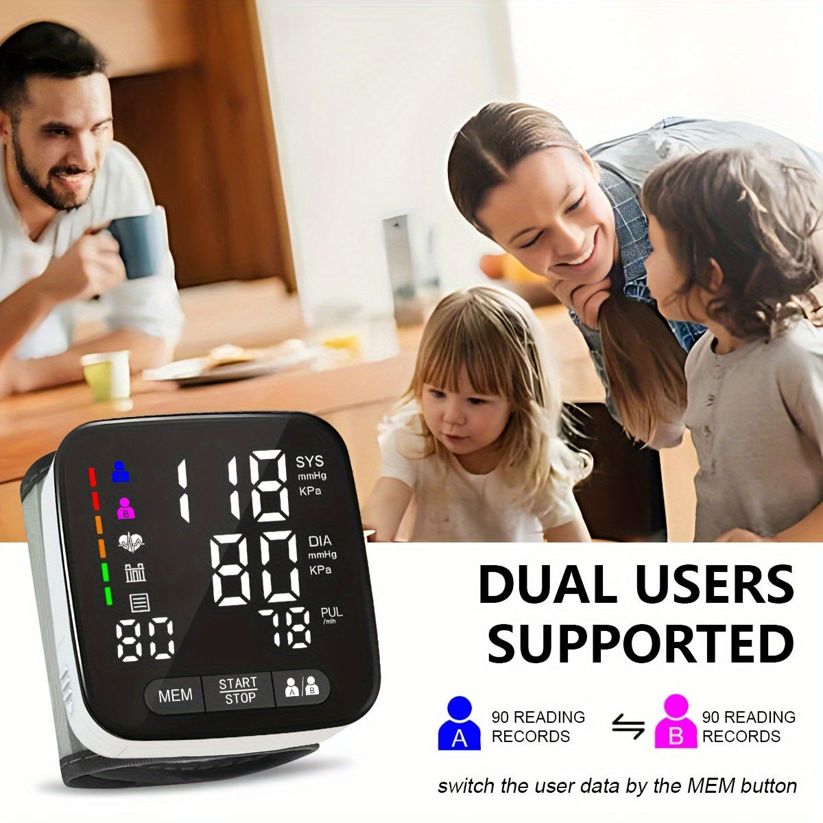 Adult Wrist Blood Pressure Monitor with Large Backlit Display and Arrhythmia Detection
