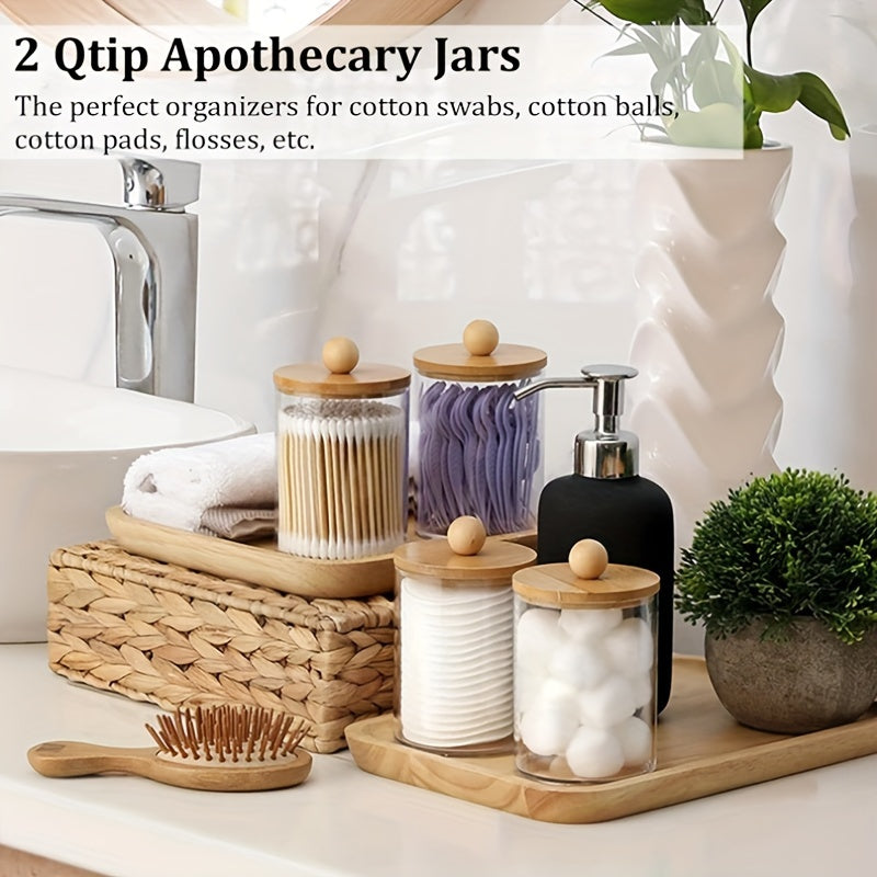 Set of 4 Bamboo Bathroom Accessories Boho Decor Waterproof Plastic Storage Jar Dispenser