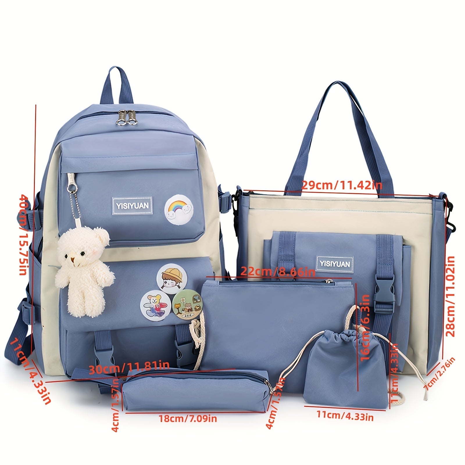 Women's Oxford Fabric Campus Backpack Set with Badge Pendant in Multiple Colors