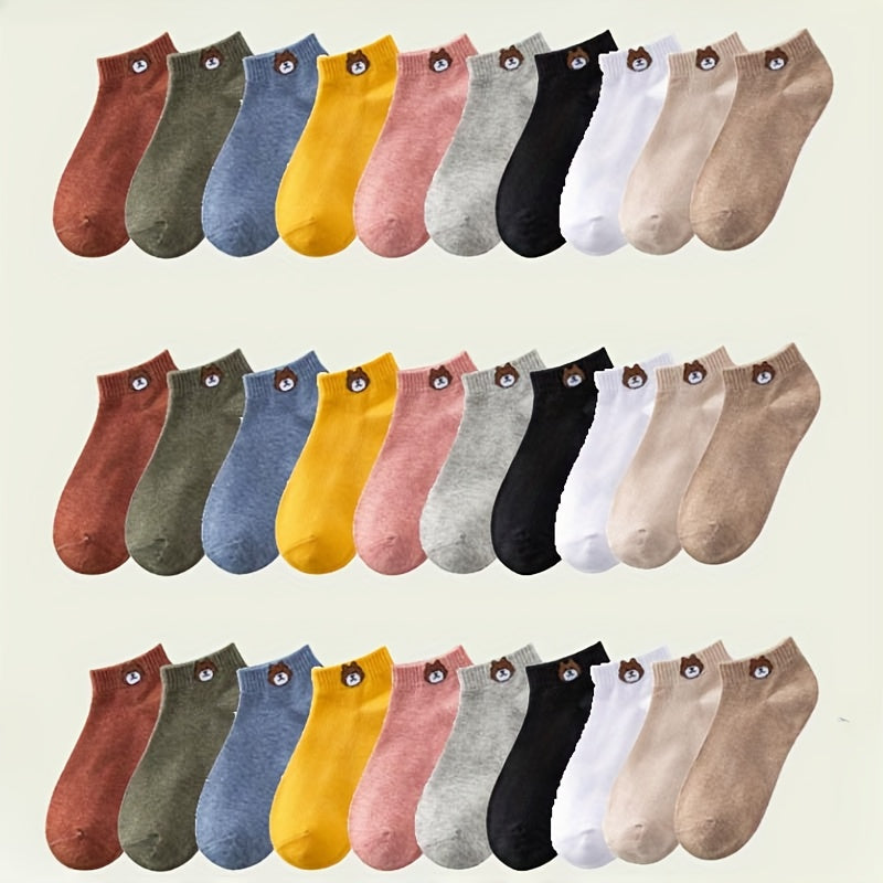 10 Pairs Women's Knit Ankle Socks with Cartoon Bear Design for Spring Autumn Outdoor Sports