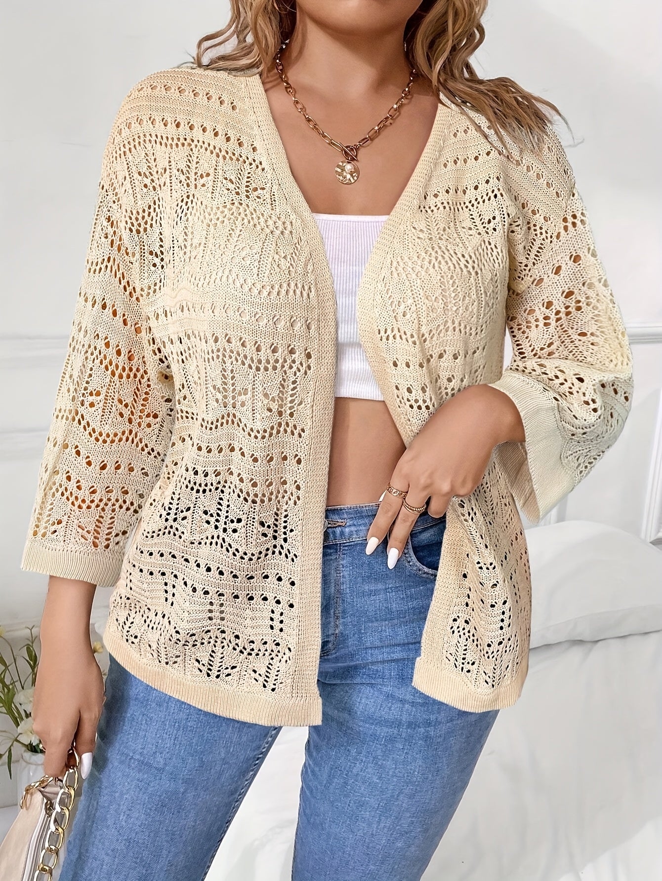 Plus Size Women's Lace Cardigan Open Front Beach Cover-Up Light Spring Summer