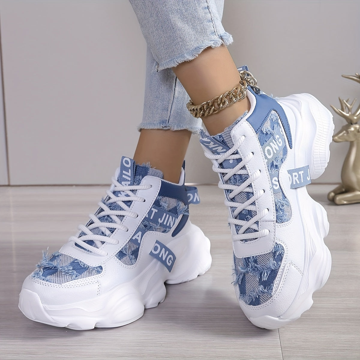 Women's High-Top Sneakers Breathable EVA Sole Casual Shoes Blue and White
