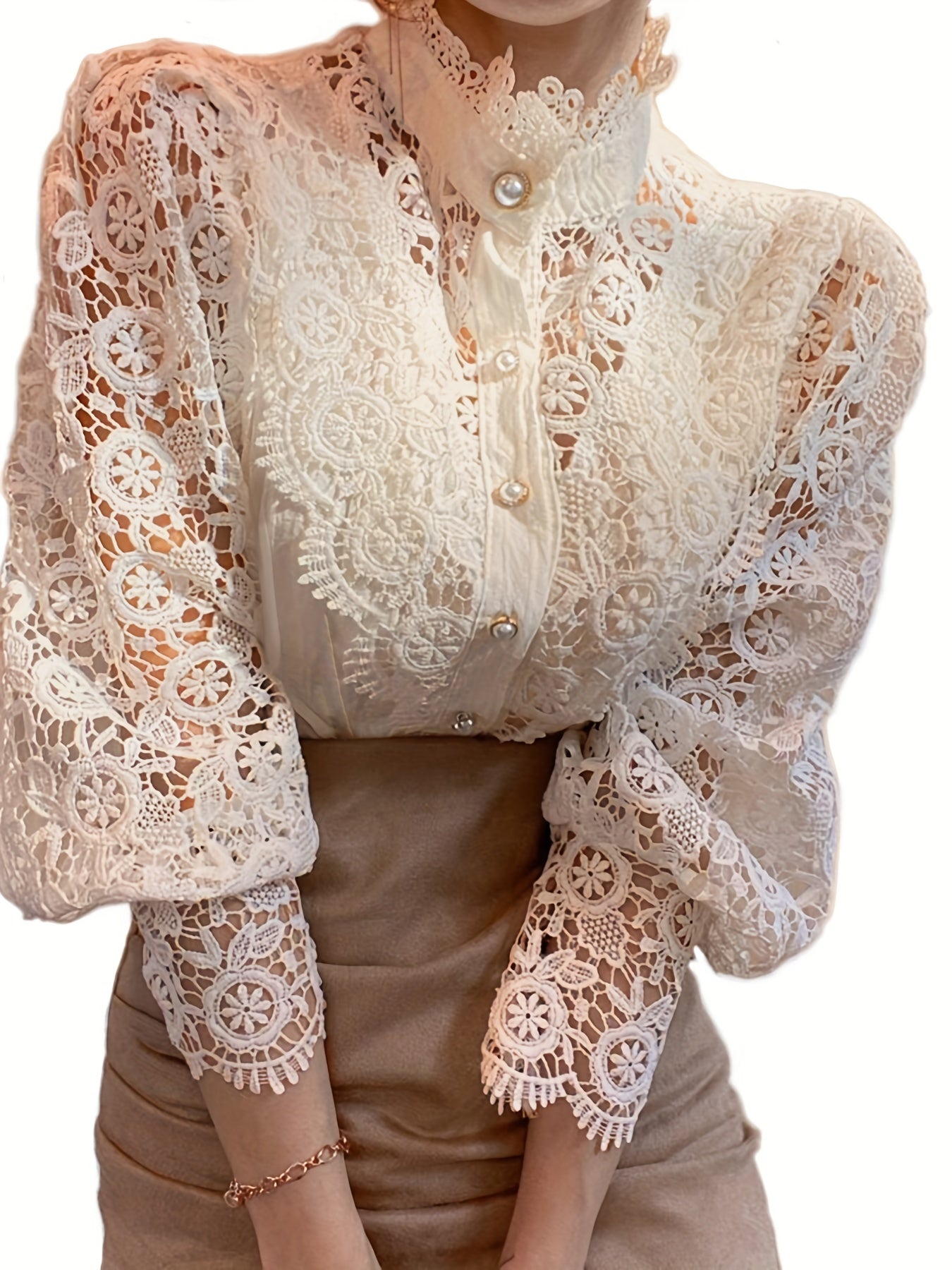 Victorian Lace Blouse for Women with Pearl Buttons Floral Pattern Long Sleeve Woven Cotton Polyester Top