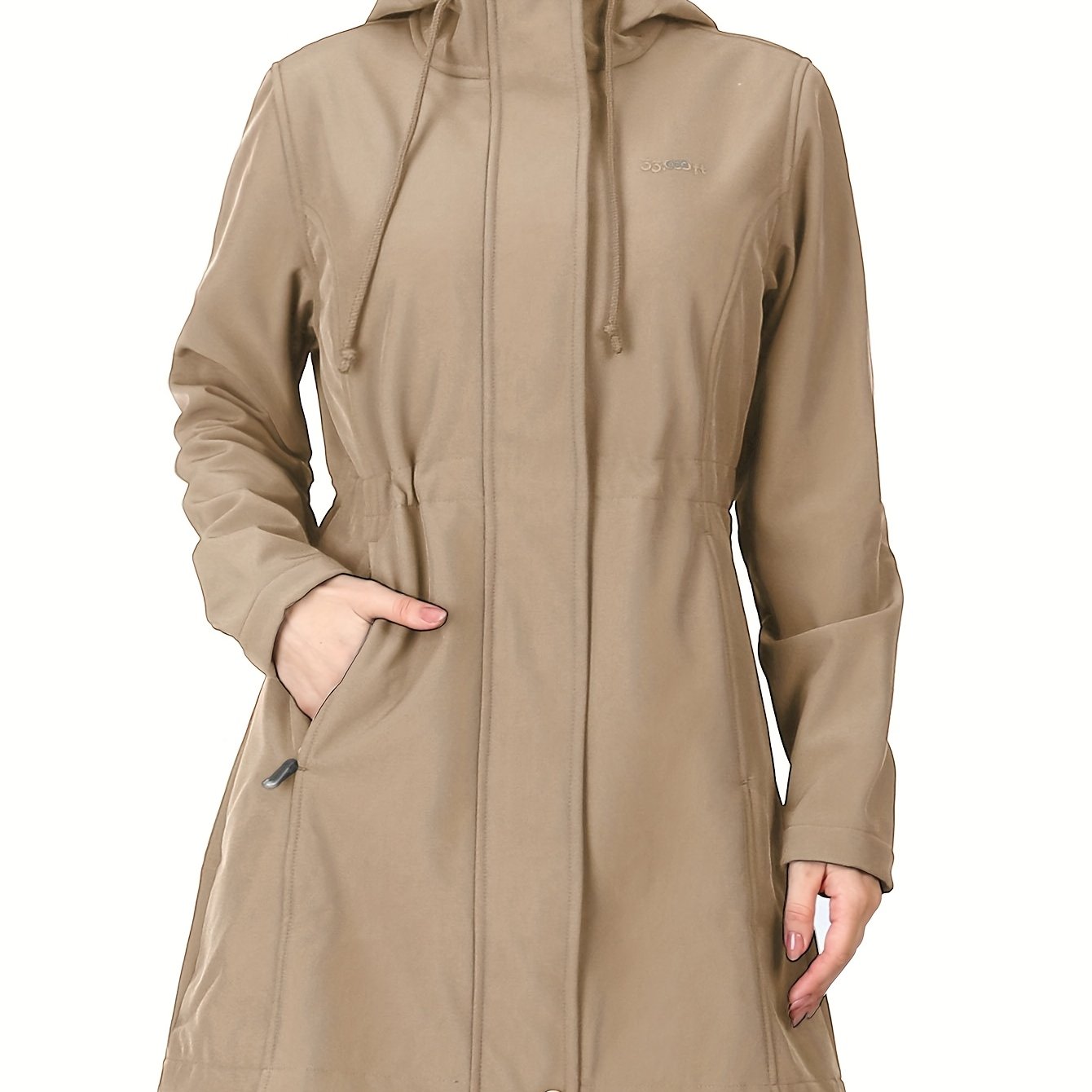 Women's Softshell Long Jacket with Hood Fleece Lined Windproof Warm Outdoor Windbreaker 33cm