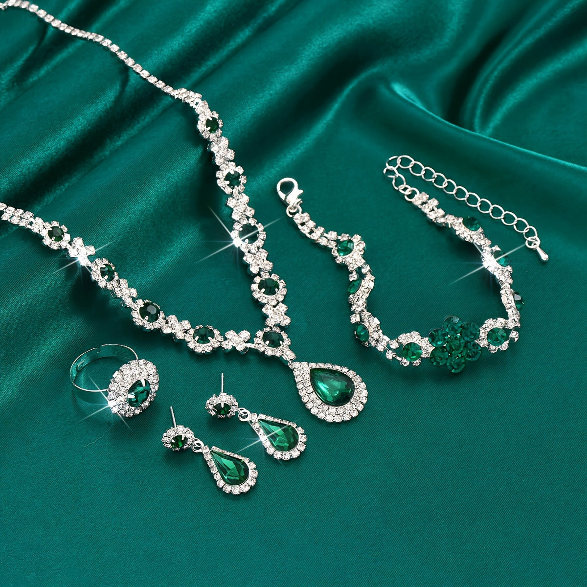 Vintage Silver Plated Jewelry Set with Synthetic Gemstones and Rhinestones for Wedding and Vacation