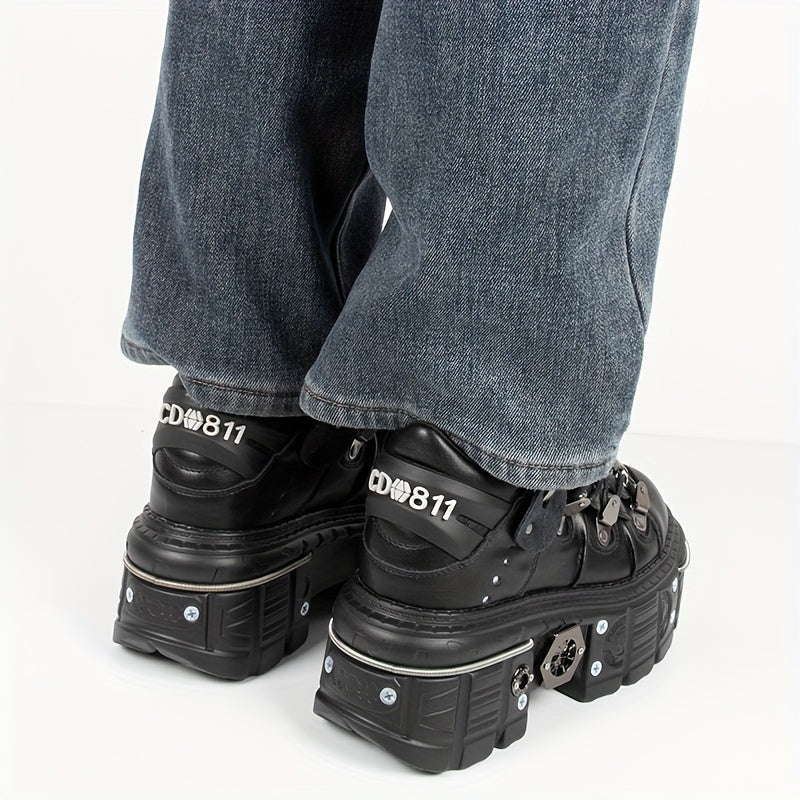 Women's Black Punk Platform Sneakers High Heel Round Toe Outdoor Shoes