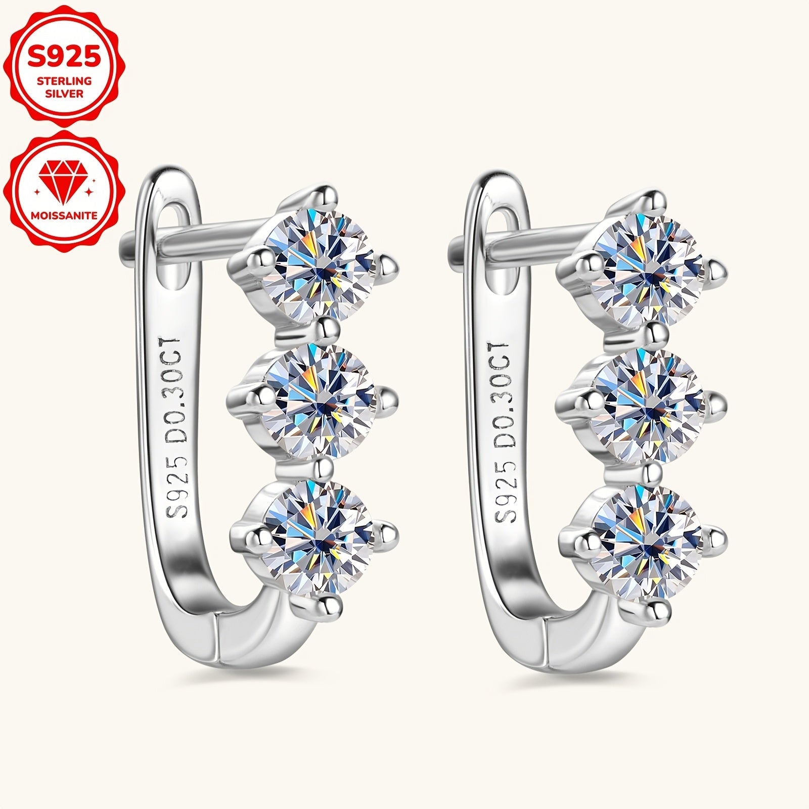 Sterling Silver Women's Hoop Earrings with Moissanite Stones 3mm 0.3ct