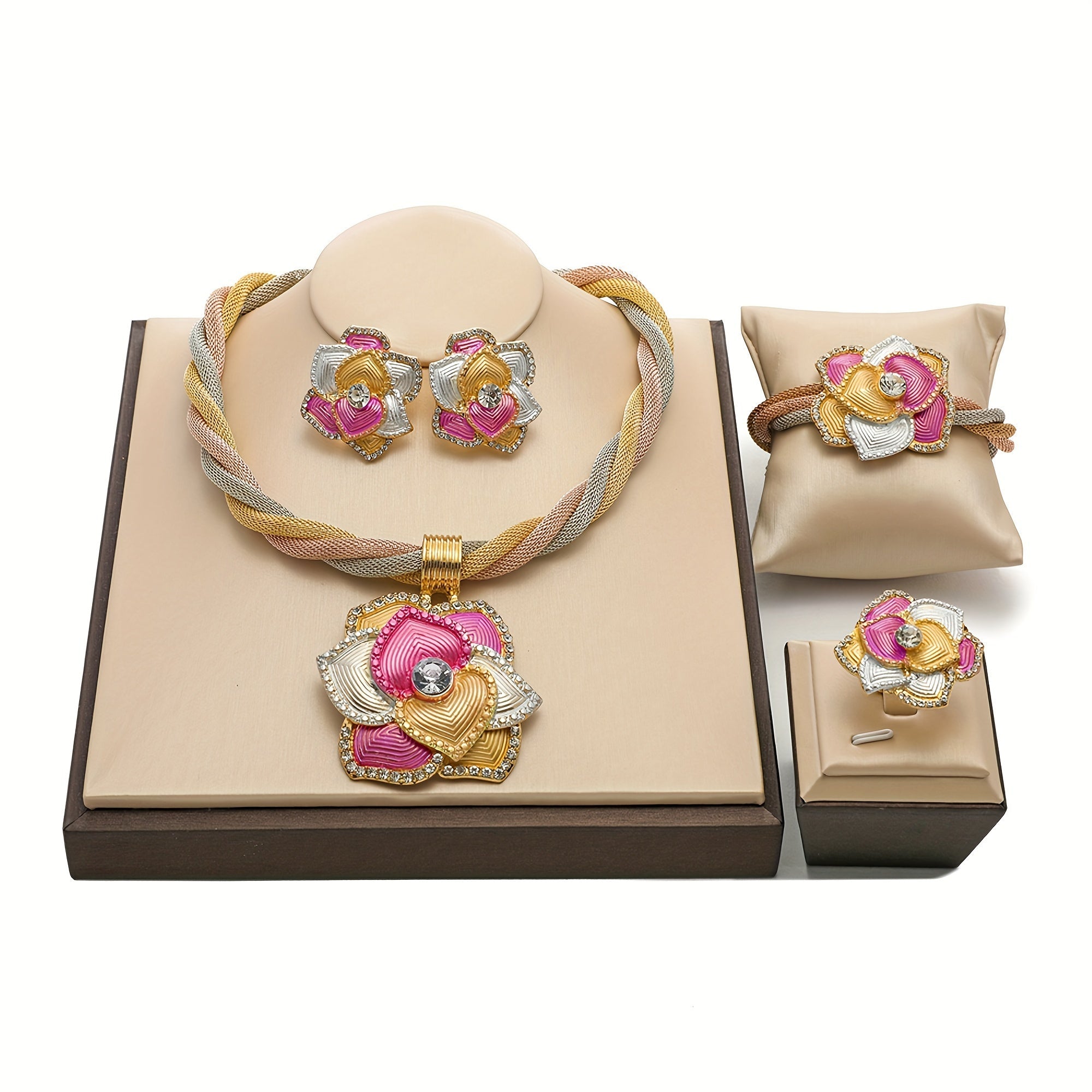 Conjunto de joyería nupcial: collar, pendientes, anillo, pulsera, cristales de imitación, aleación de zinc, accesorios de boda