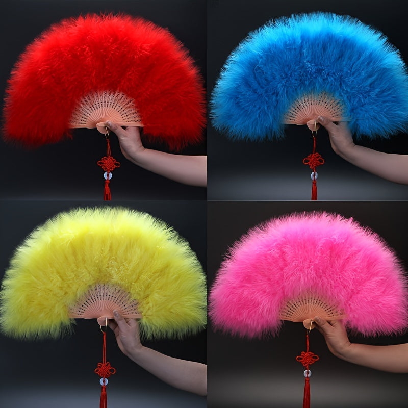 Vintage Style Feather Folding Handheld Fan 50.8cm with Plastic Frame in Red Blue Yellow Pink
