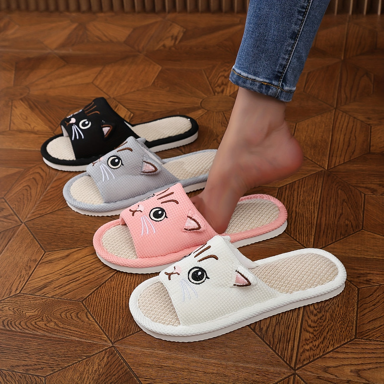 Kids or Adults Cartoon Cat Slippers Linen EVA Sole Non-Slip Open-Toe