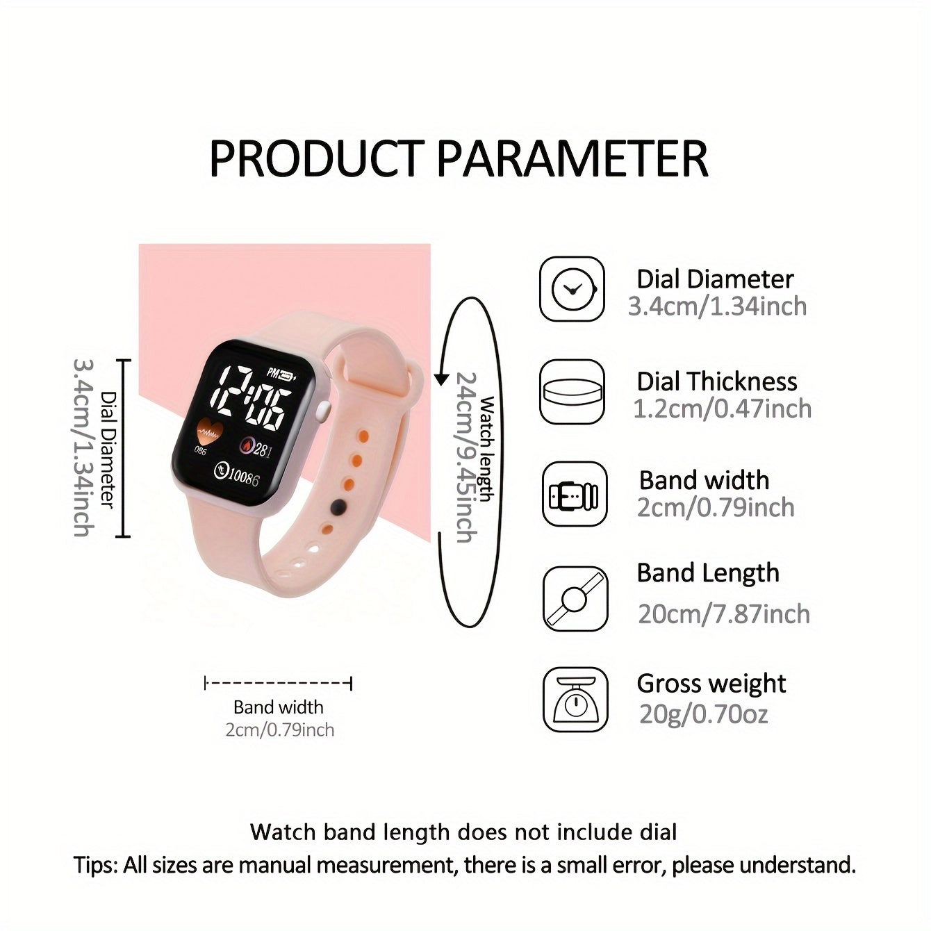 6 ta ayollar uchun pushti silikon raqamli soatlar to'plami, kvadrat displey va plastmassa korpuslar bilan