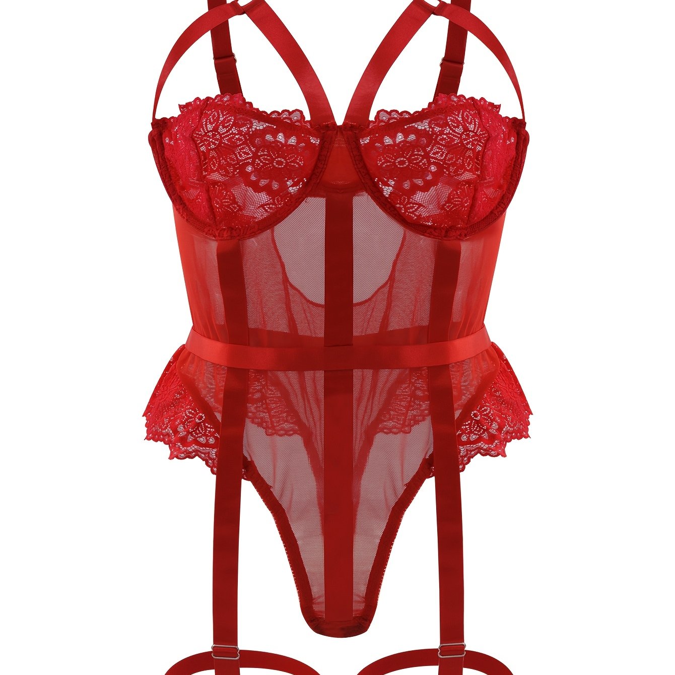 Women's Large Size Lace Bodysuit Garter Belt Leg Rings Set