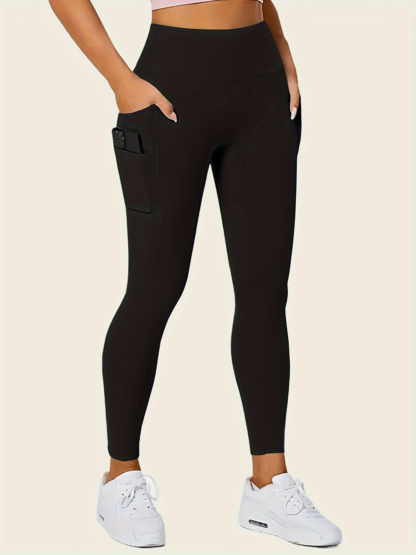 Women's Seamless High Rise Leggings with Side Pockets Solid Color Elastic Knit Fabric
