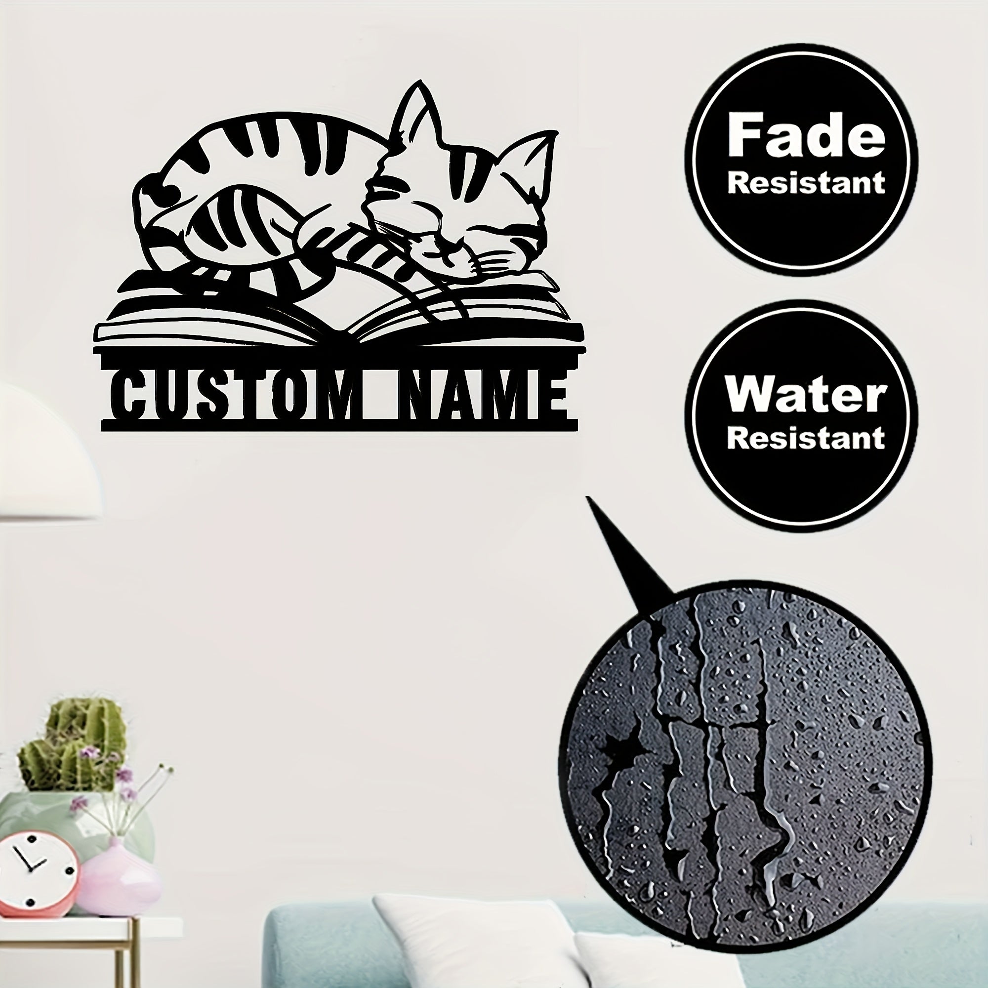 Uy kutubxonasi dekoratsiyasi uchun mushuklar va kitoblar bilan shaxsiylashtirilgan qora temir devor san'ati