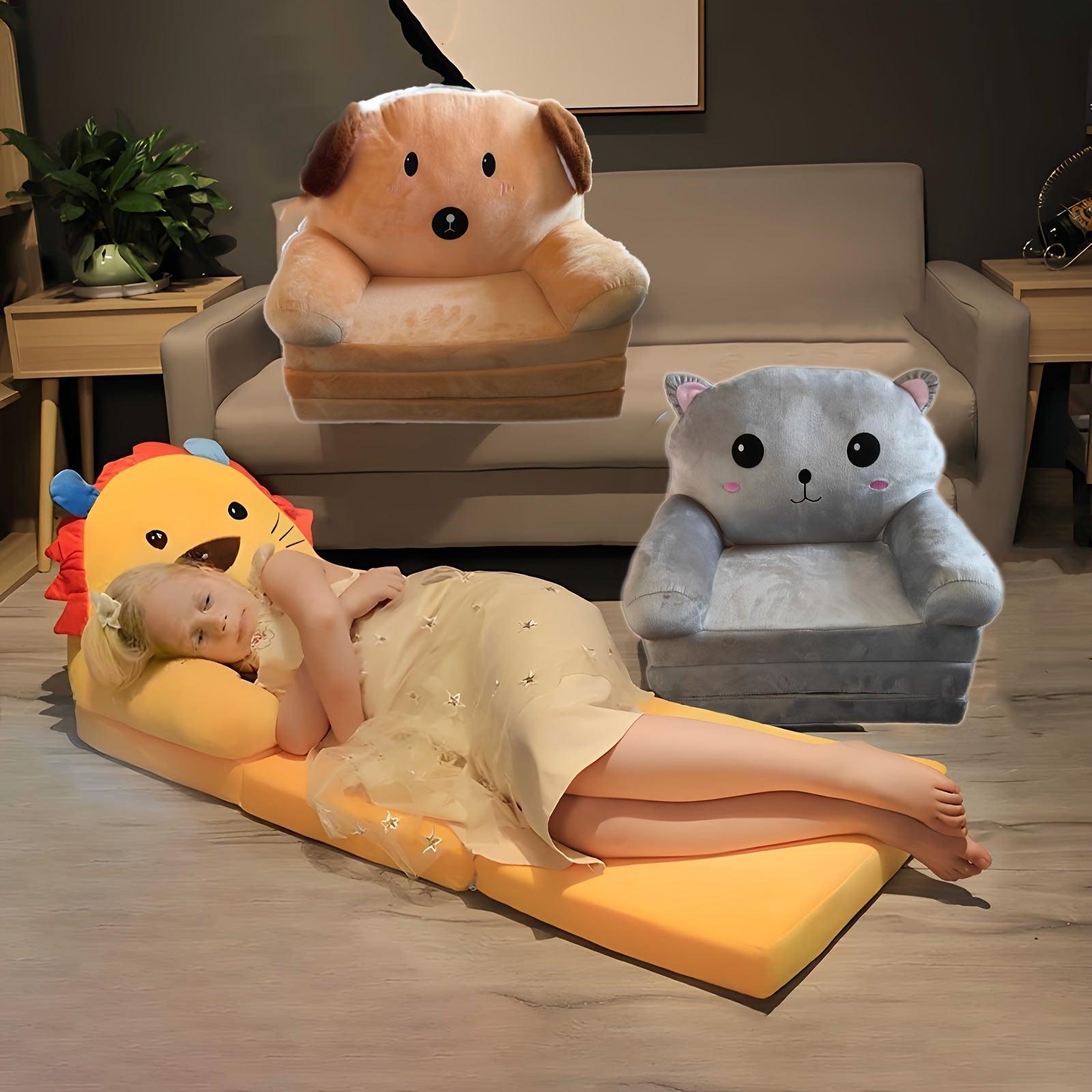 Foldable Kids Sofa Chair with Pillow Gray Cozy Recliner Lounge Seat