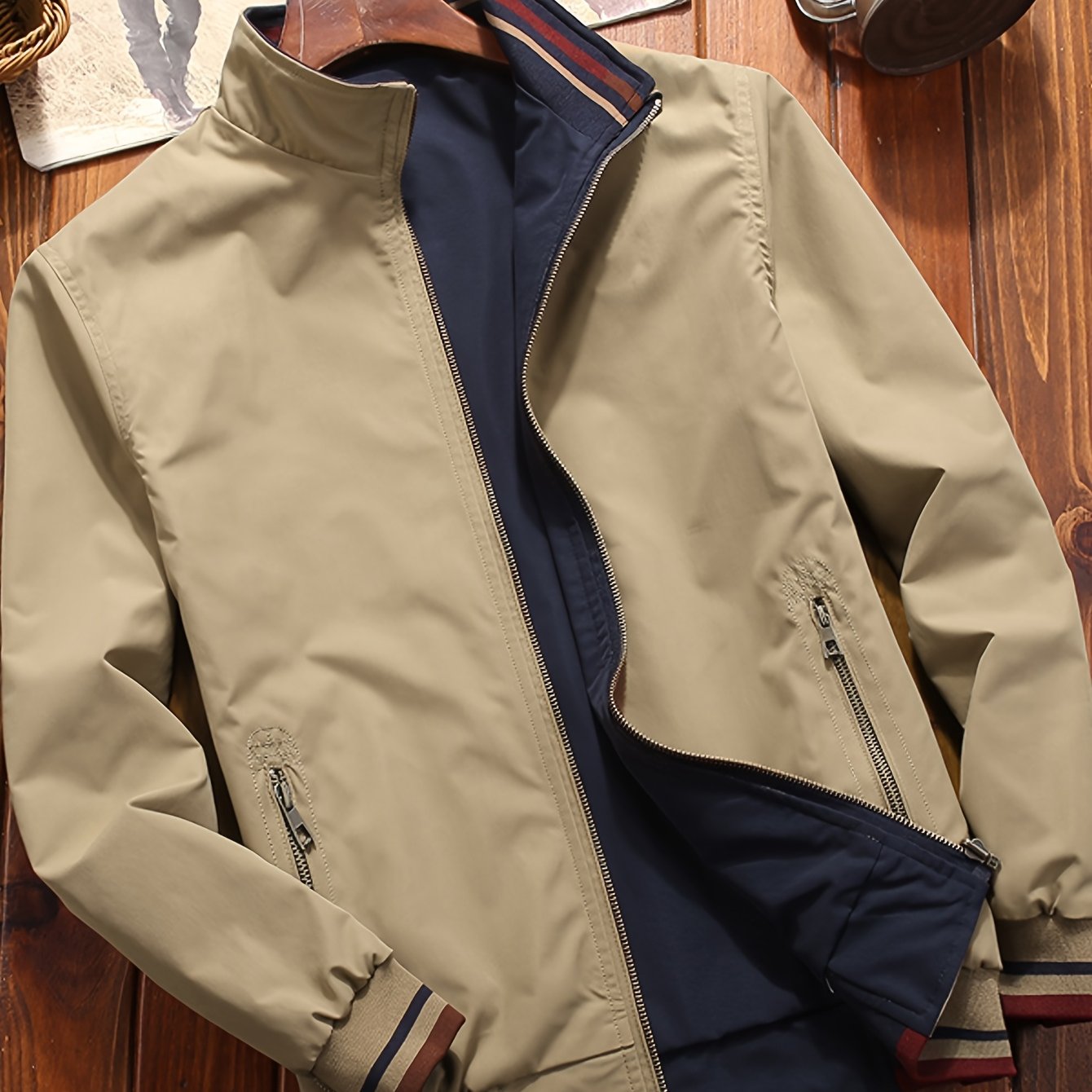 Zamonaviy Pearson OBM Erkaklar uchun Tasodifiy Ikki Tomonlama Kurtka, Chiziqli Uzoq Yengli Zip-Up, Cho'ntaklar, Turg'un Yelka, Yengil Polyester Aralashmasi, Bahor va Kuz uchun Ideal