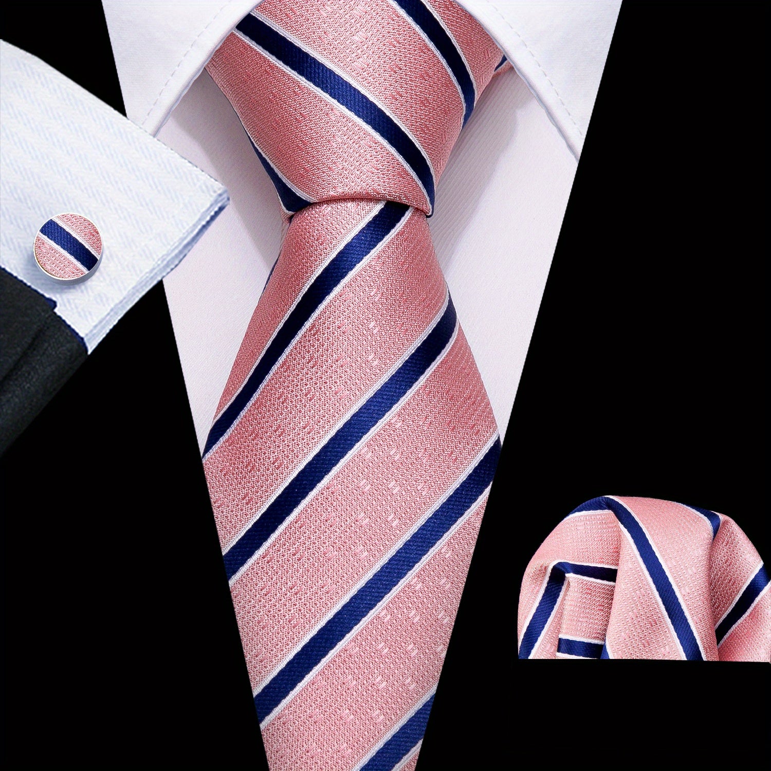 Men's Classic Striped Tie Set with Matching Handkerchief and Cufflinks for Formal and Casual Wear
